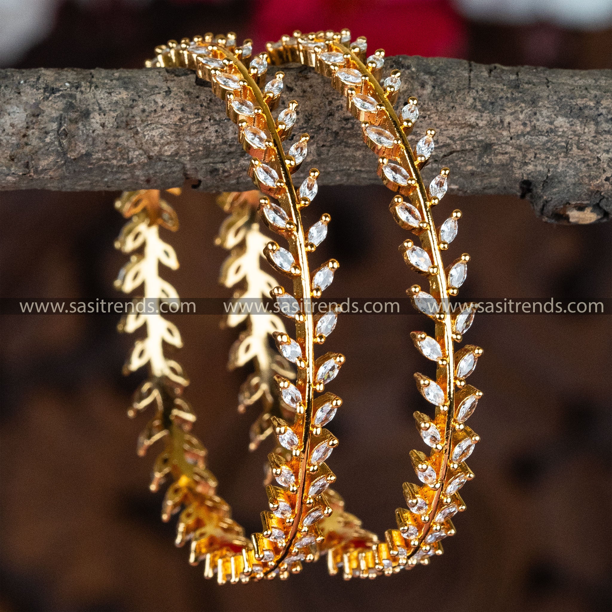 Latest Trendy Collections AD Stone Studded Leaf Micro Gold Plated Bangles