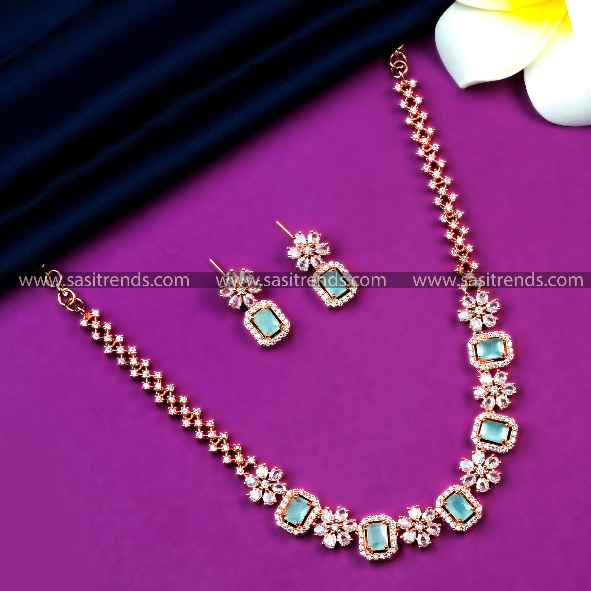 1 gram gold deals and AD high quality necklace set with earrings, excellent quality. Pink and green stones