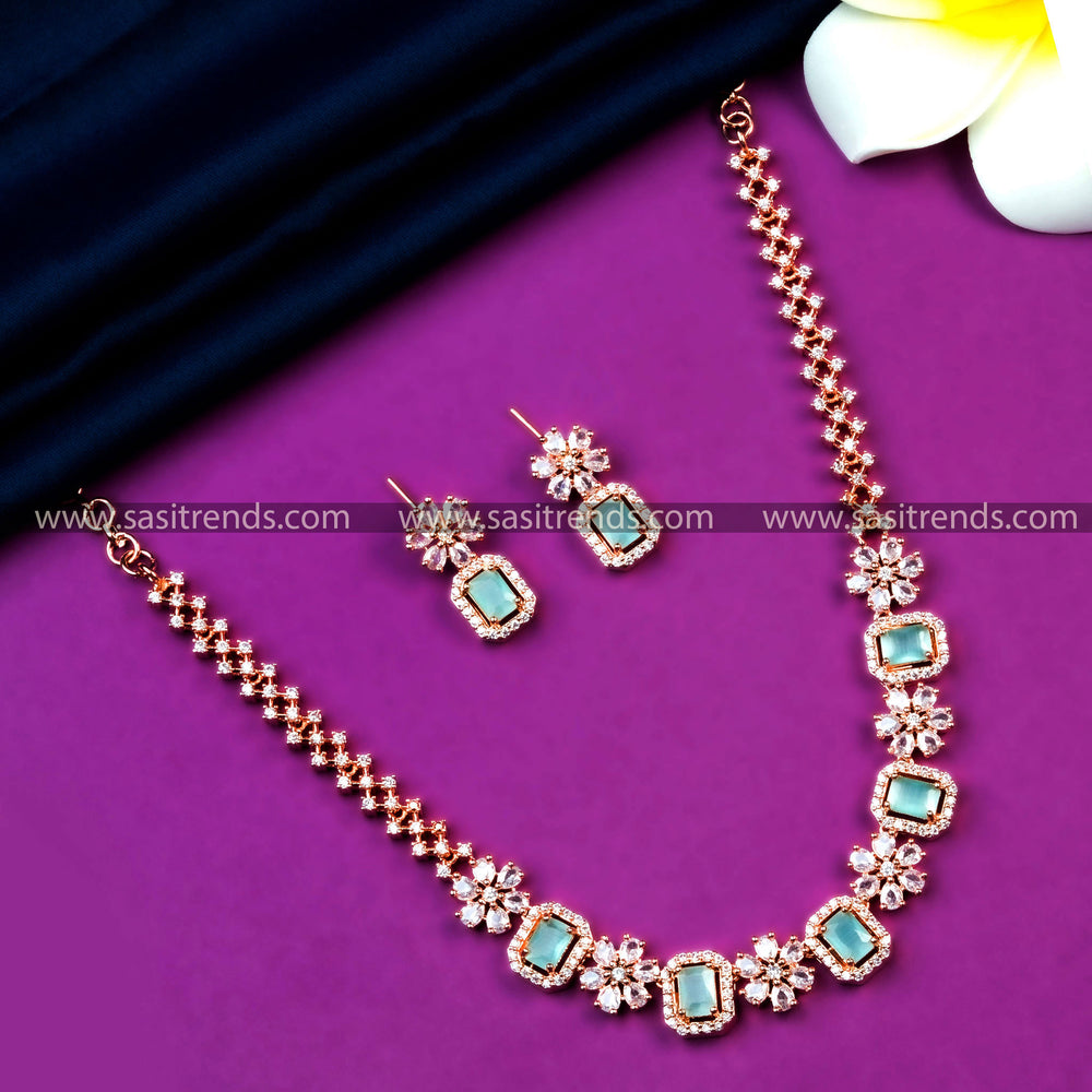 Mint-Colored Stone Rose Gold Plated Necklace Set with AD Stones - Latest Trendy Party Wear Jewelry