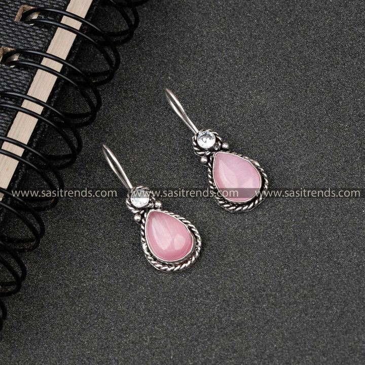 Latest Trendy Oxidised German Silver Water Drop Designer Fish Hook AD Stone Monalisa Stone Studded Earrings