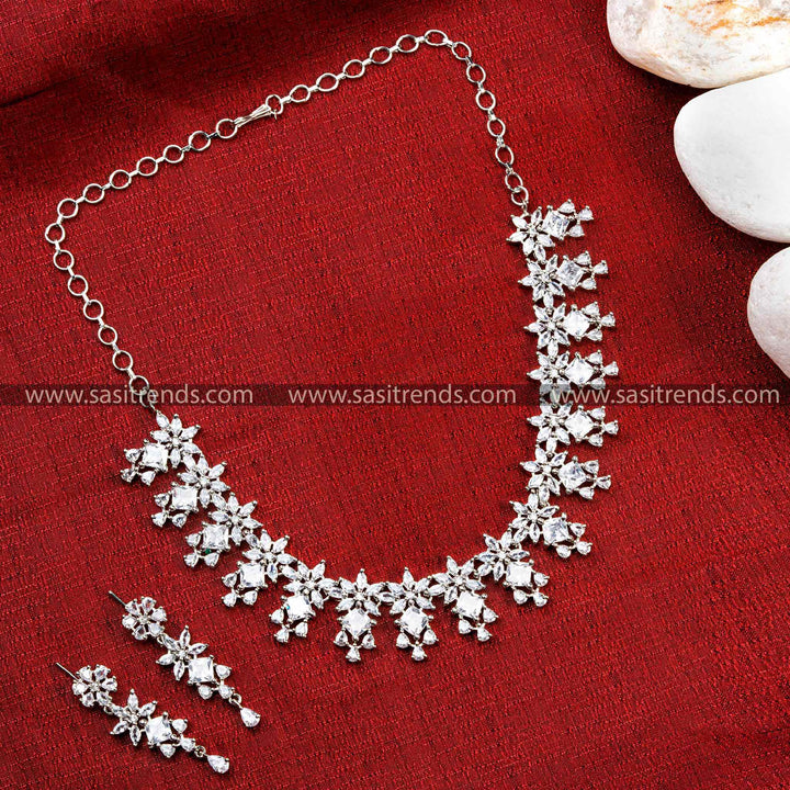 Timeless White AD Stone Necklace Set - Floral Grace - Perfect for Special Celebrations - Rich Look Rhodium Silver Plated Jewelry