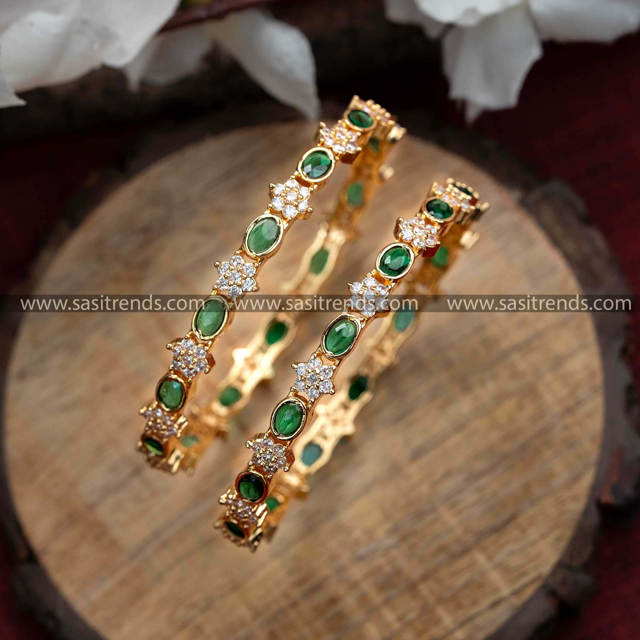 Latest White-Green American Diamond Micro Gold Plated Bangle: Trendy Traditional Design