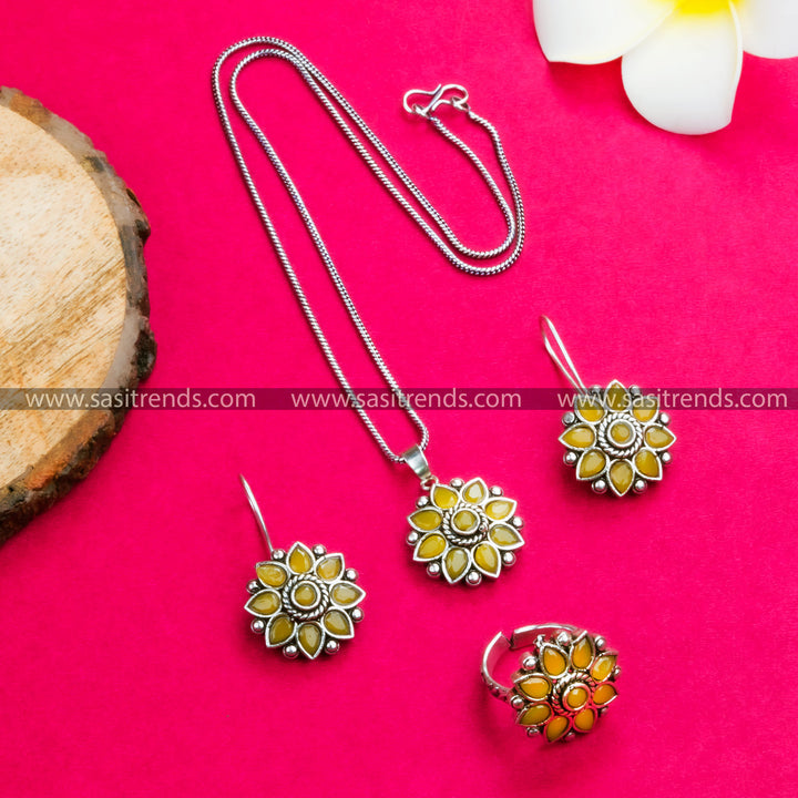 Stunning Flower Stones Stud Pendant Necklace with Oxidised Silver Earrings & Ring Jewellery Set | Sasitrends