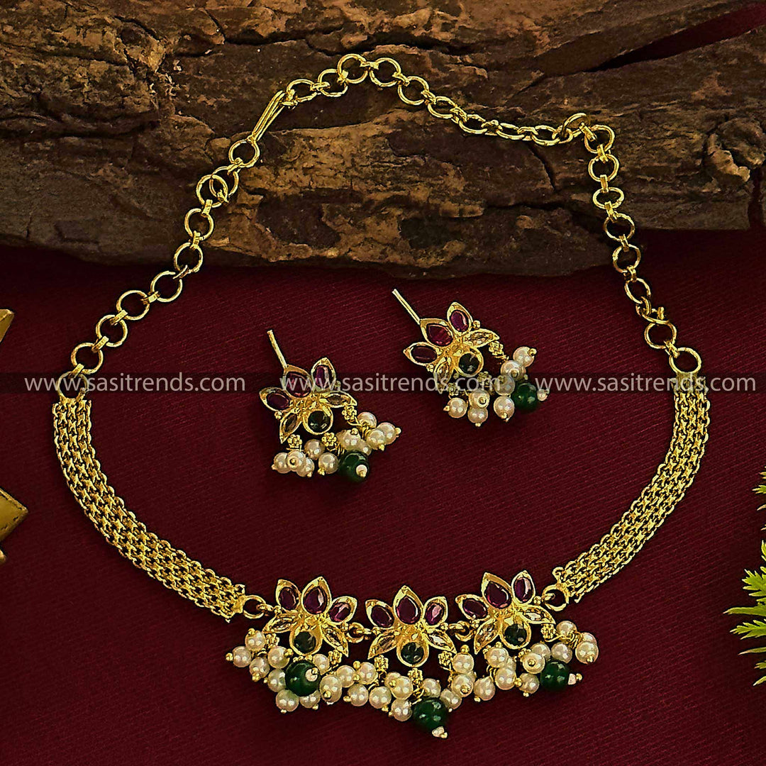 Lotus Floral Choker Necklace & Earrings Set - Temple Gold Plated with Kemp AD Stones