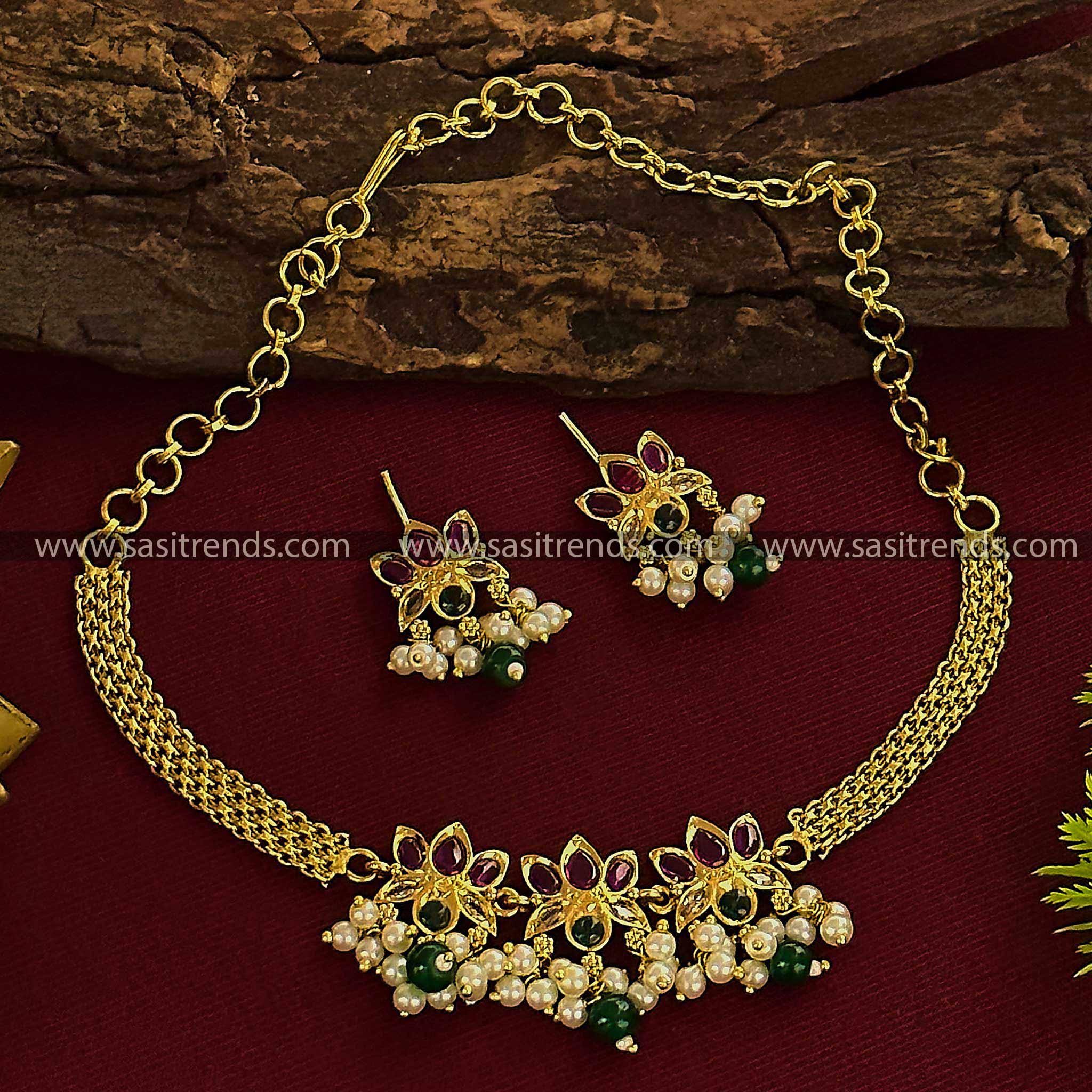 Lotus Floral Choker Necklace & Earrings Set - Temple Gold Plated with Kemp AD Stones