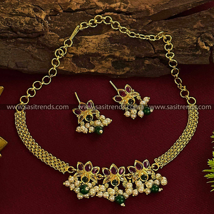 Gorgeous Temple Matte Gold Plated Lotus Floral Choker AD Jewellery Set for Women | Sasitrends