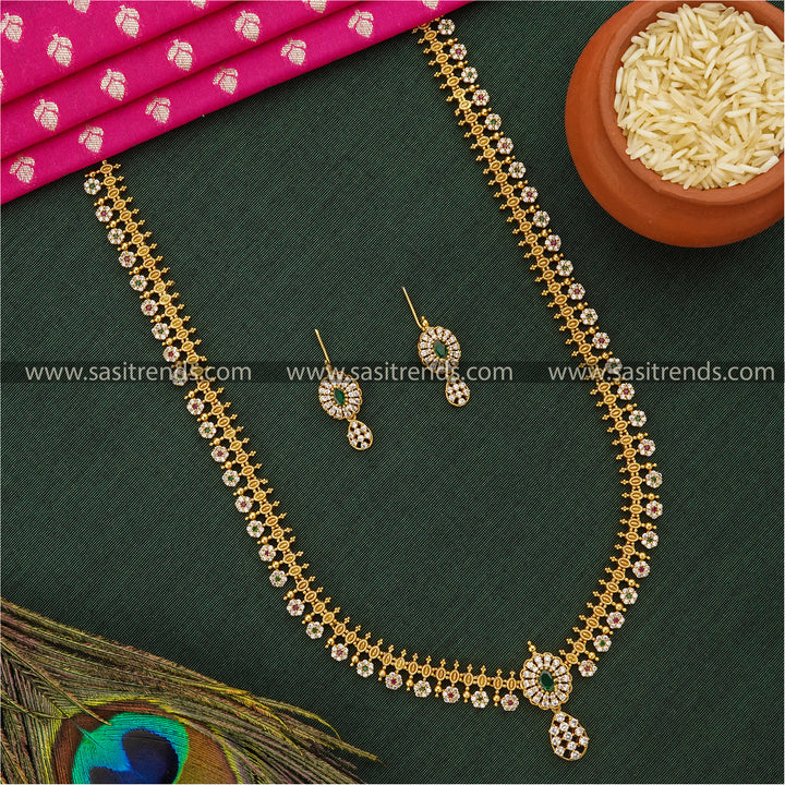 Trendy Leaf and Flower Motif Long Necklace Set with Ruby-Green Stones