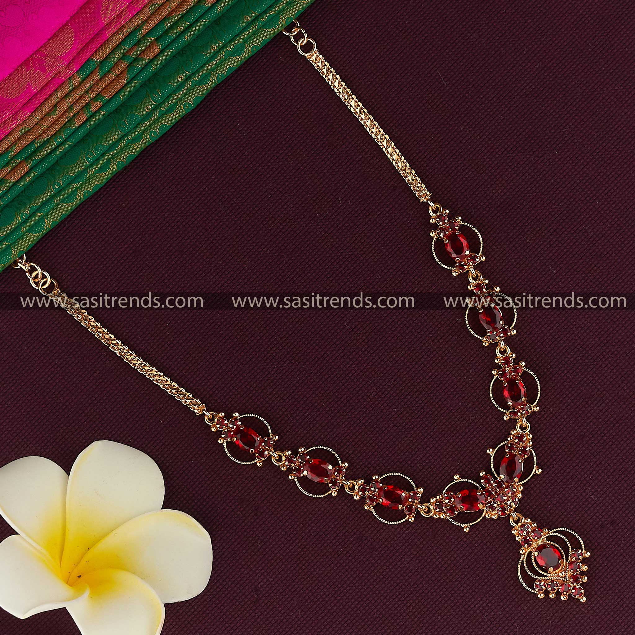 Exquisite Gold Plated Necklace Set with Maroon AD Stones - Classic Beauty