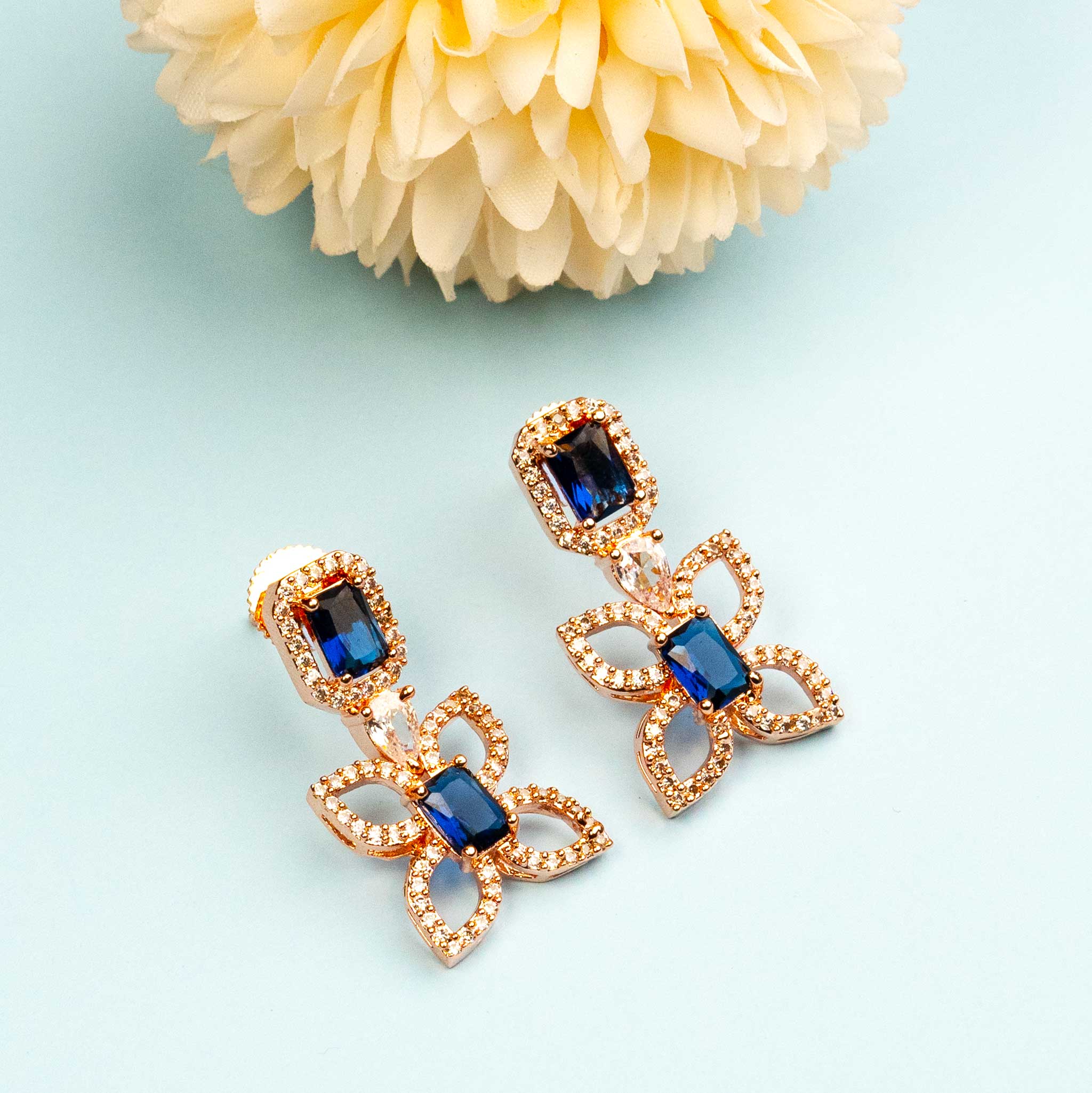 Enchanting Rose Gold Plated Hydro Blue Earrings with American Diamond Stones