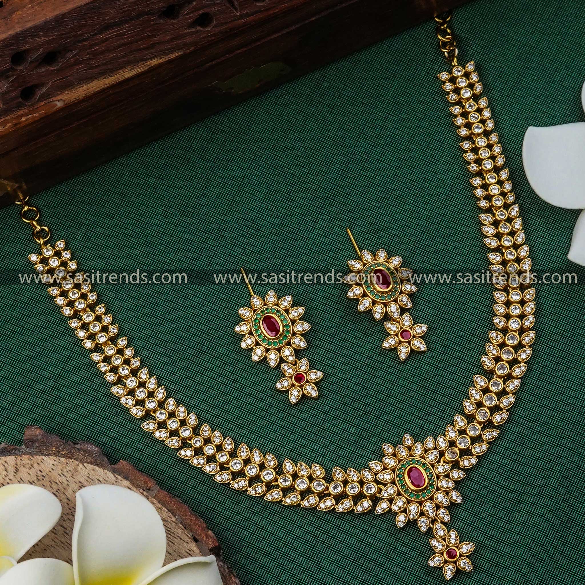 Matte Gold Plated Floral American Diamond Necklace Set - Elegant Women's Jewelry