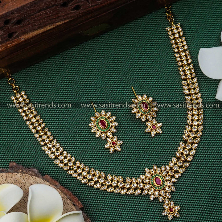 Latest Temple Matte Gold Plated Floral American Diamond Jewellery Set for Women - Perfect Occasion Wear! | Sasitrends