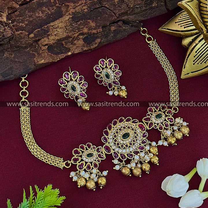 Traditional Bridal Wear Temple Matte Gold Plated Kemp AD Choker Jewellery Set with Pearl and Bead Drops | Sasitrends