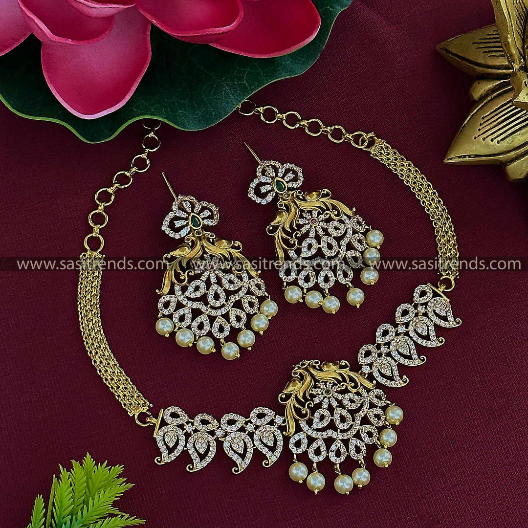 Temple Gold Plated Peacock American Diamond Choker Necklace Set with AD Stones