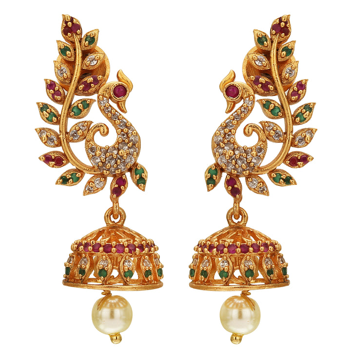 Exquisite peacock-inspired earrings in matte gold finish, showcasing intricate craftsmanship and cultural symbolism - Sasitrends