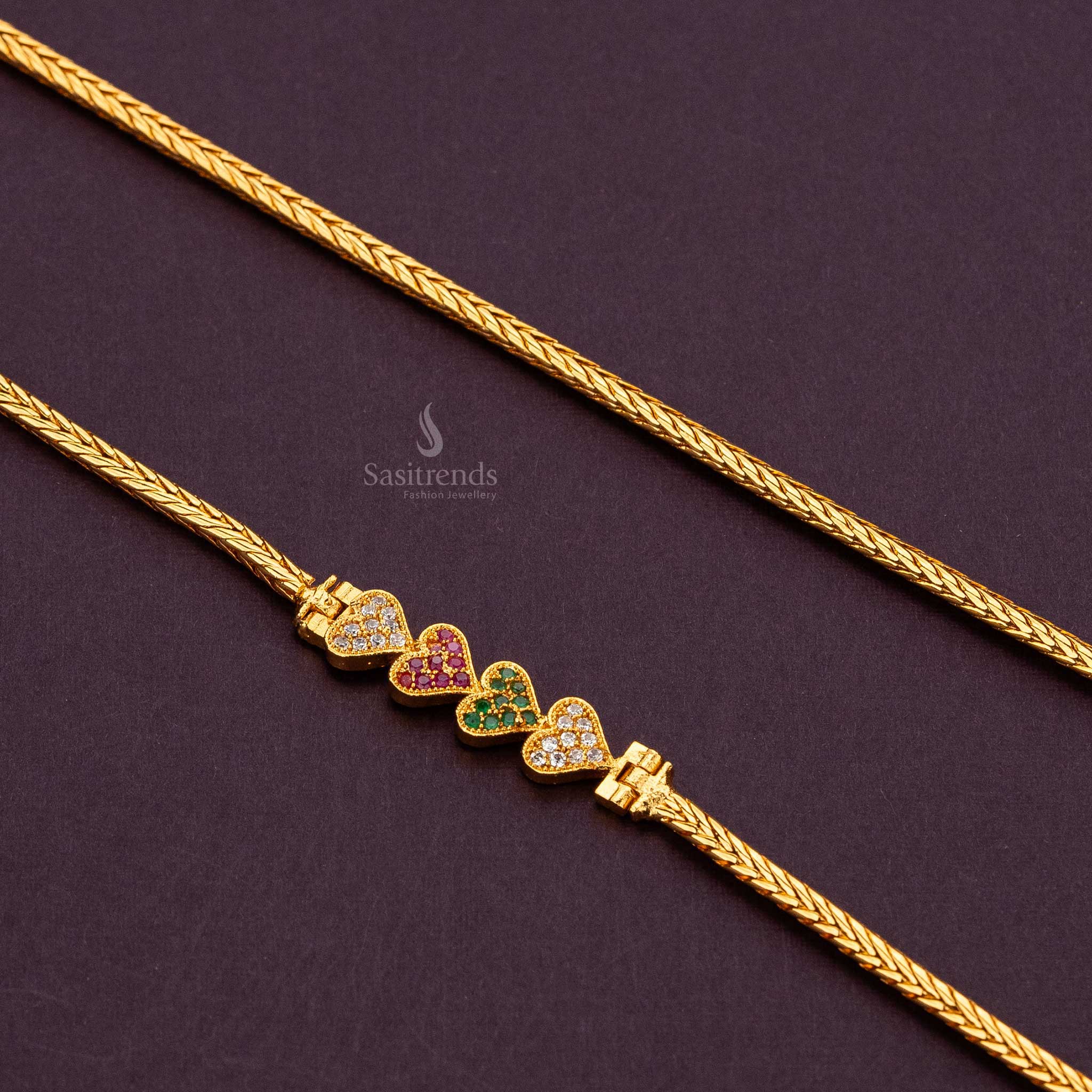 Colorful Multi AD stone mugappu chain with heart motifs, great for gifting - Sasitrends