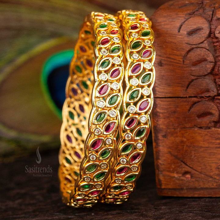 Sasitrends | Intricate Multi-Color American Diamond Round and Marquise Bangles - Micro Gold Plated