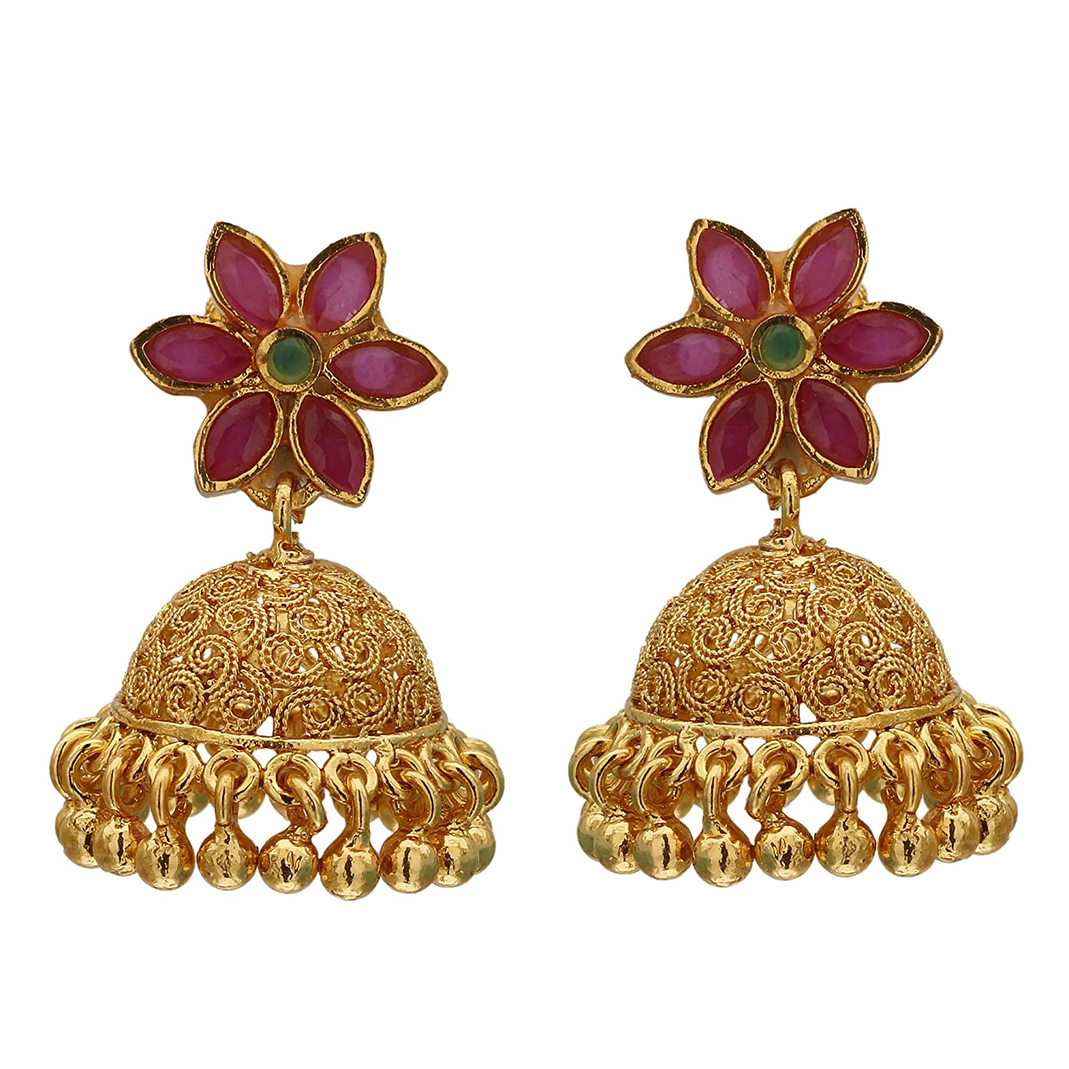 Micro Gold Plated Ruby-Green Stone Jhumkas: Trendy Traditional Wear for Women