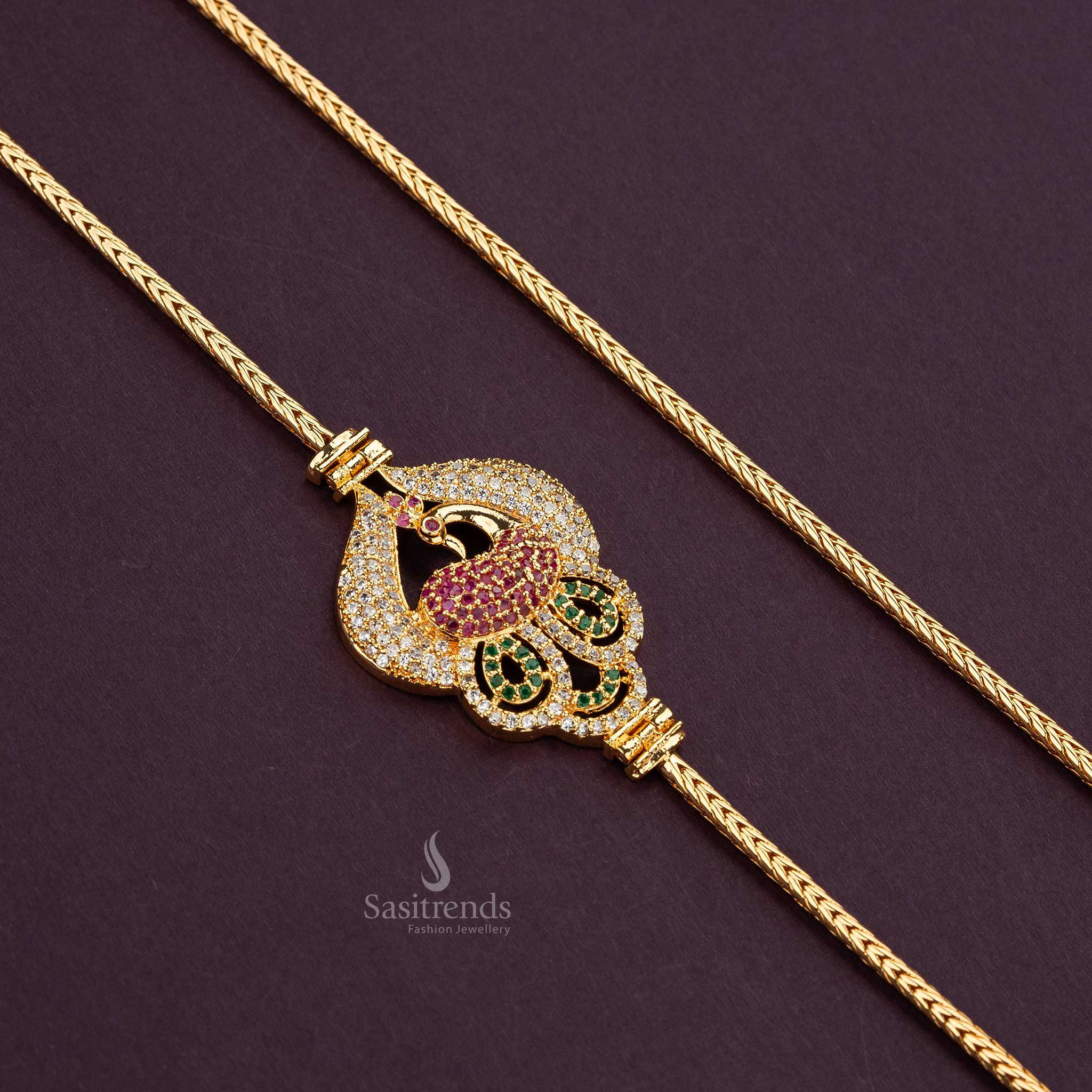 Guaranteed Multi-colored AD stone Peacock Mugappu Chain, micro gold plated with vibrant accents - Sasitrends