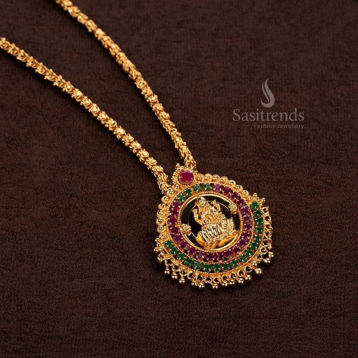 Dasavatharam Micro Gold Long Chain with Lakshmi Motif and AD Stone Pendant - Perfect For Traditional Events