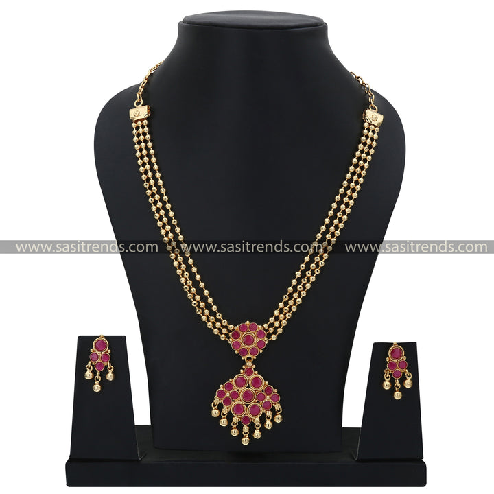 Latest Micro Gold Plated Diamond Pendant Jewellery Set with Three-Layered Golden Beads - Festive Wear