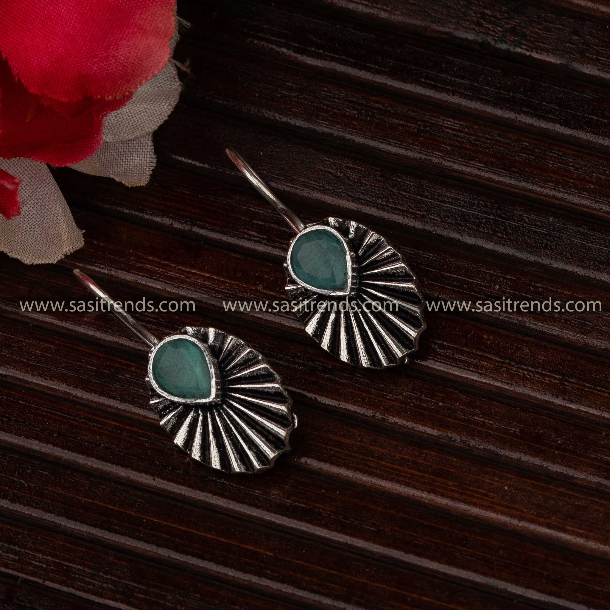 Mint Oval Stone Water drop Oxidised Silver Earrings for Navarathiri Festivities