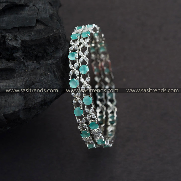 Rhodium Silver Plated Bangles with Mint Green Stones and Floral American Diamond Pattern