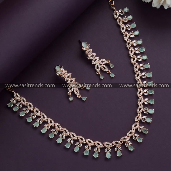 Refreshing Mint Stone Floral Necklace Set with Earrings - Rose Gold Plated, American Diamond Stones for Women