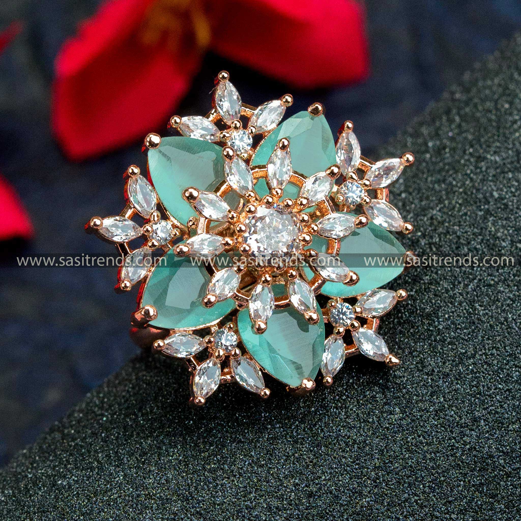 Stylish Rose Gold Plated Floral Ring with American Diamonds in Refreshing Mint - Trendy Party Wear for Women