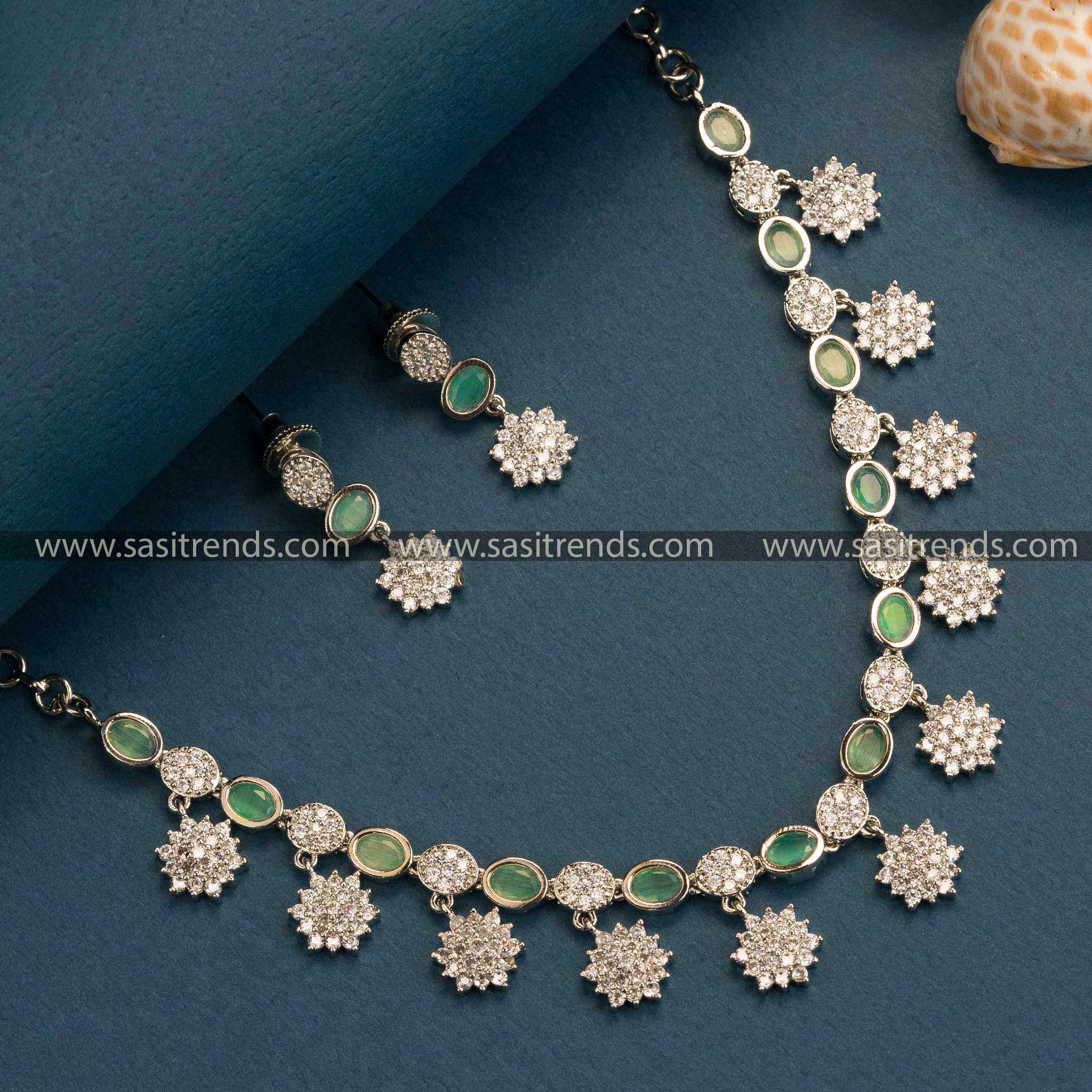 Trendy Mint Floral Necklace Set with American Diamond Stones for Women - Rhodium Silver Plated Party Wear Jewelry Online Shopping