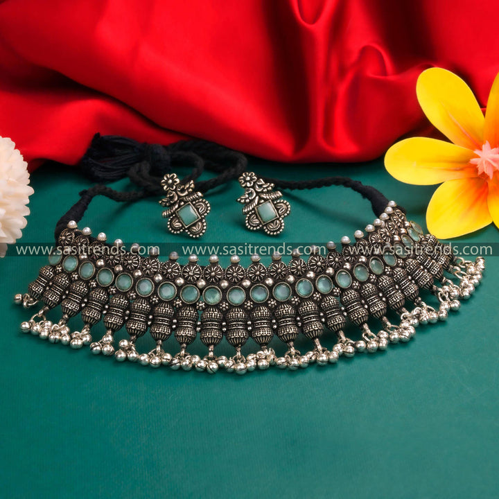 Traditional Floral Oxidized German Silver Choker Necklace with Mint Stones & Silver Tone Hangings. 