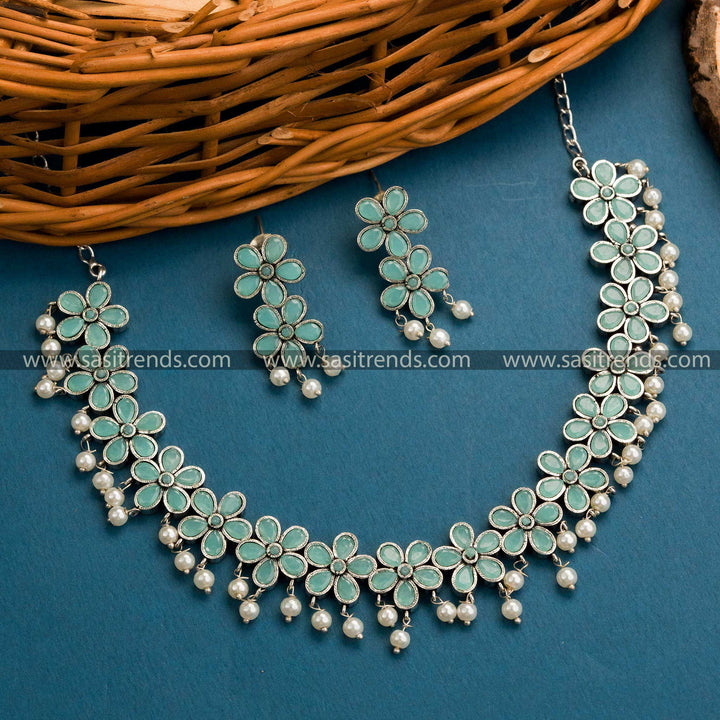 Trendy Oxidised German Silver Floral Necklace Set with Mint Stones - Elegant Traditional Jewelry for Women