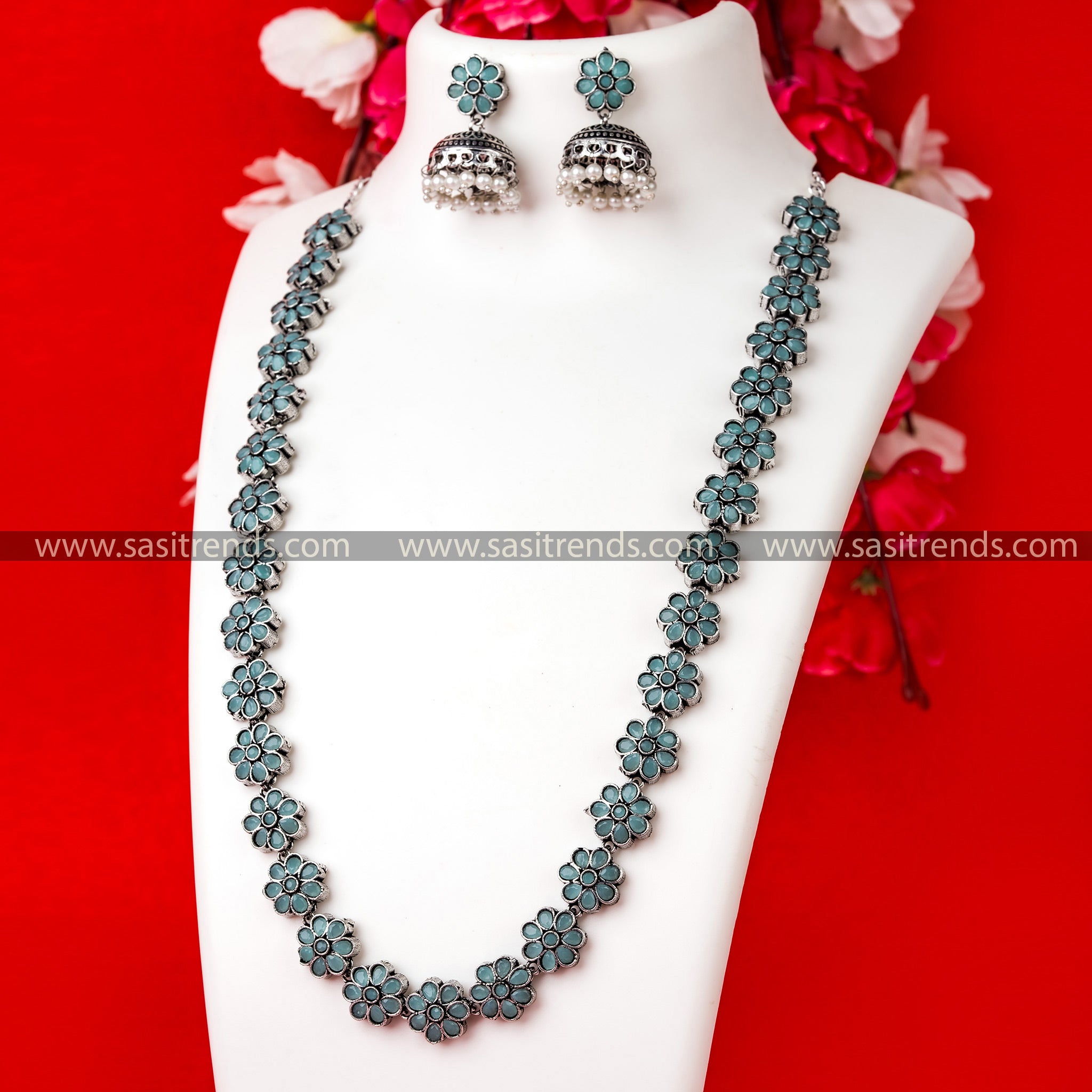 Charming Mint Stone Floral Necklace Set - Party Wear Oxidised German Silver Jewelry with Floral Motifs 