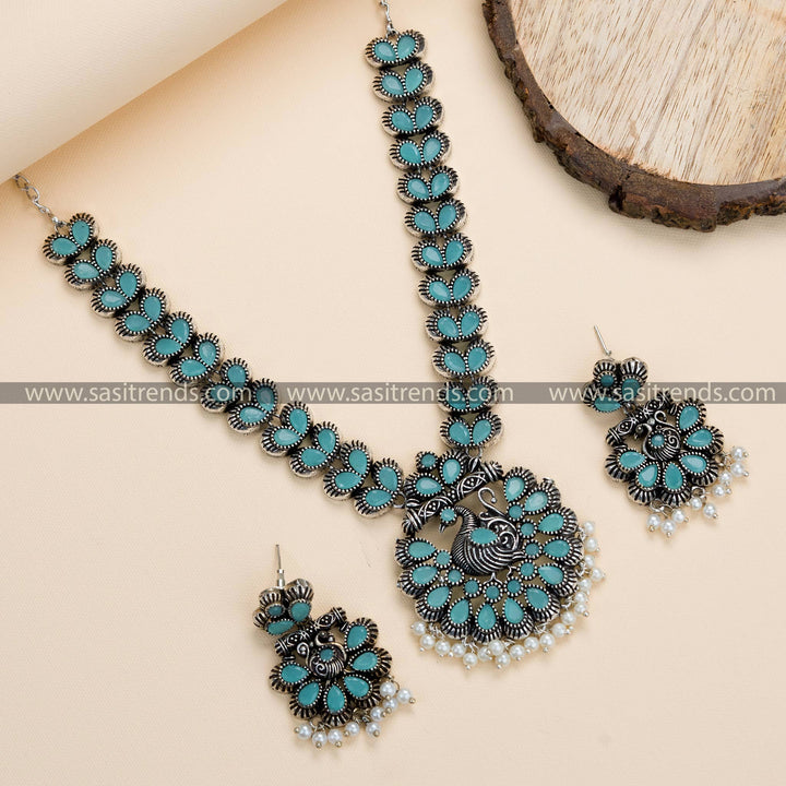 Oxidised German Silver Peacock Necklace with Earrings - Traditional Party and Festival Jewelry - Sasitrends