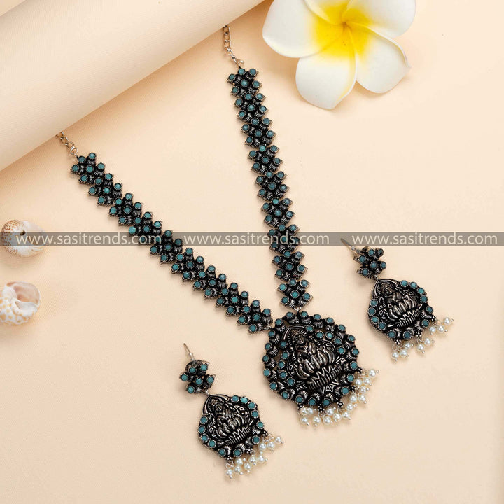 Elegant Lakshmi Oxidised German Silver Necklace with Mint Stones - Traditional Beauty