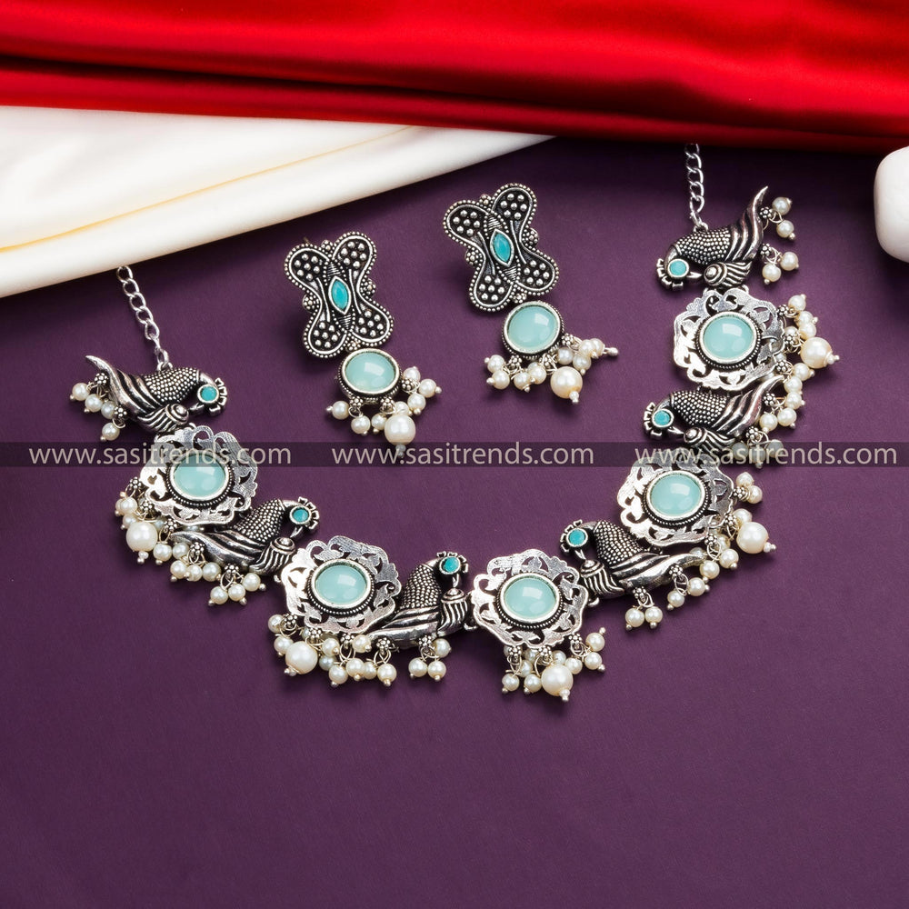 Minty Fresh Monalisa Stone Necklace Set: Floral and Peacock Motifs, Oxidised Silver, Earrings