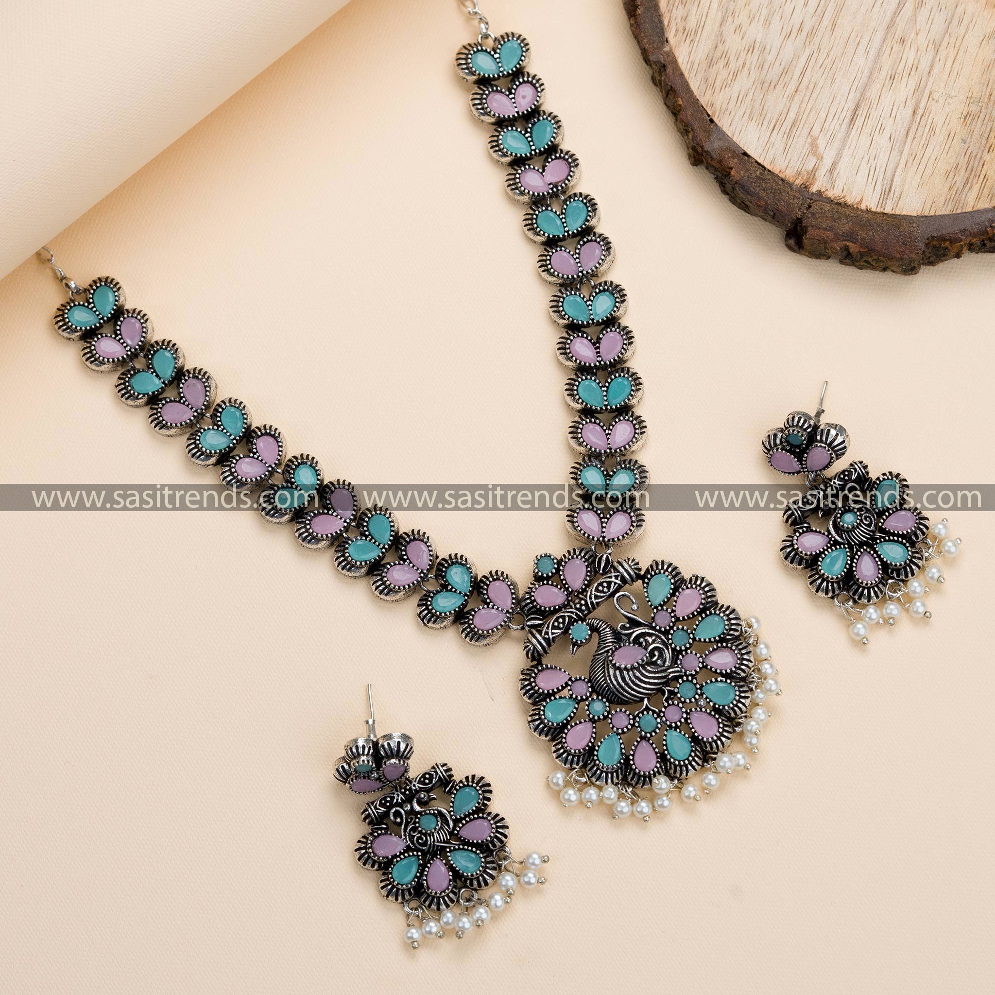 Elegant Peacock Pendant Oxidised Silver Necklace Set with Pink-Mint Stones, Refreshingly Stylish