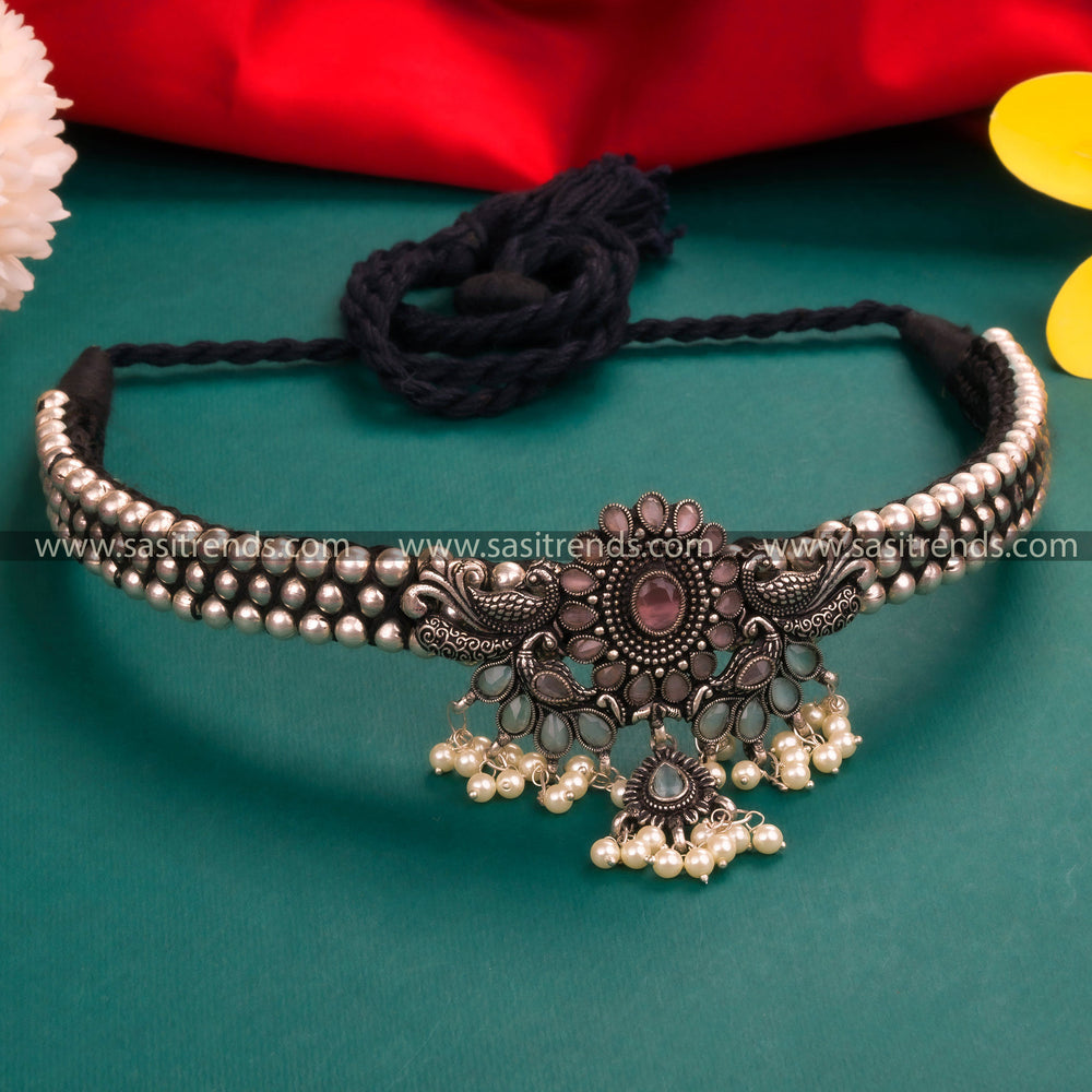 Traditional Wear Pink-Mint  Peacock Choker Necklace: Navarathiri Special German Silver Jewelry