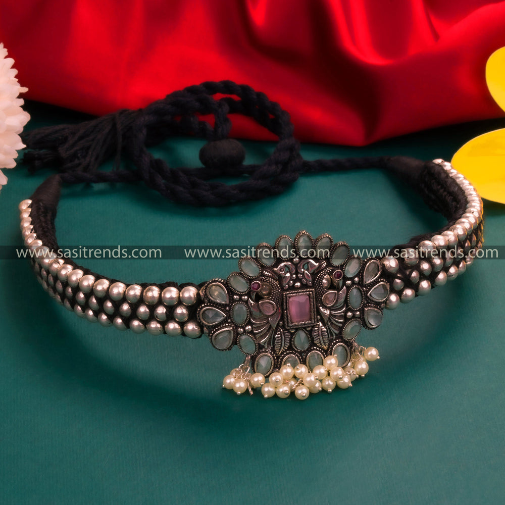 Diwali Special Kolhapuri Oxidized German Silver Floral Pendant Choker Necklace in Mint-Pink - Traditional Wear with Pearls and Stones