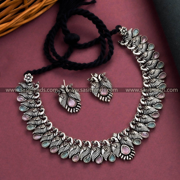 Trendy Kushi Oxidized German Silver Necklace with Mint-Pink Stones for Party Wear