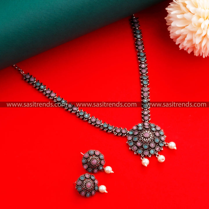 Navrathri Special Oxidised German Silver Floral Pendant Necklace with Earrings & Pearls for Women - Sasitrends