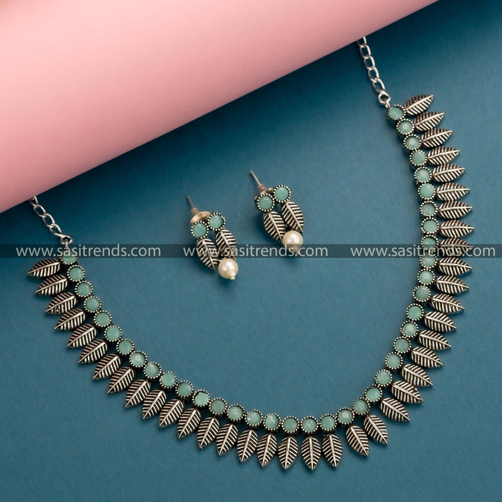 Elegant Oxidized German Silver Necklace with Mint Stones and Leaf Patterns - Latest Jewelry for Women