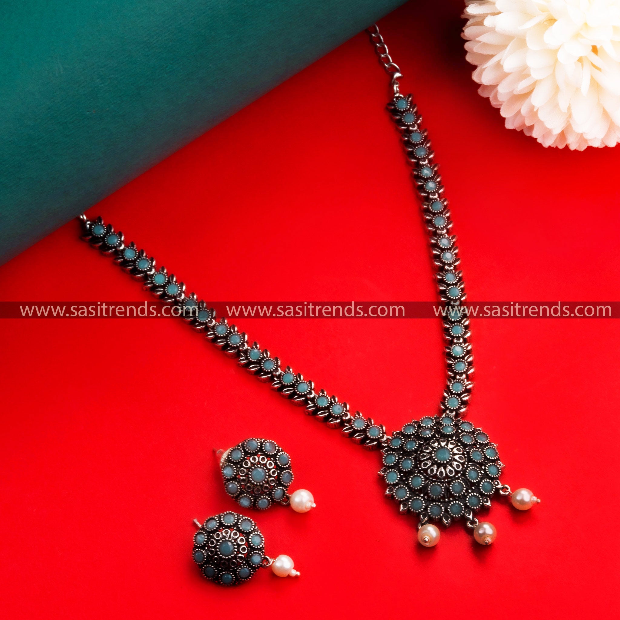 Navrathri Special Oxidised German Silver Floral Pendant Necklace with Earrings & Pearls for Women - Sasitrends