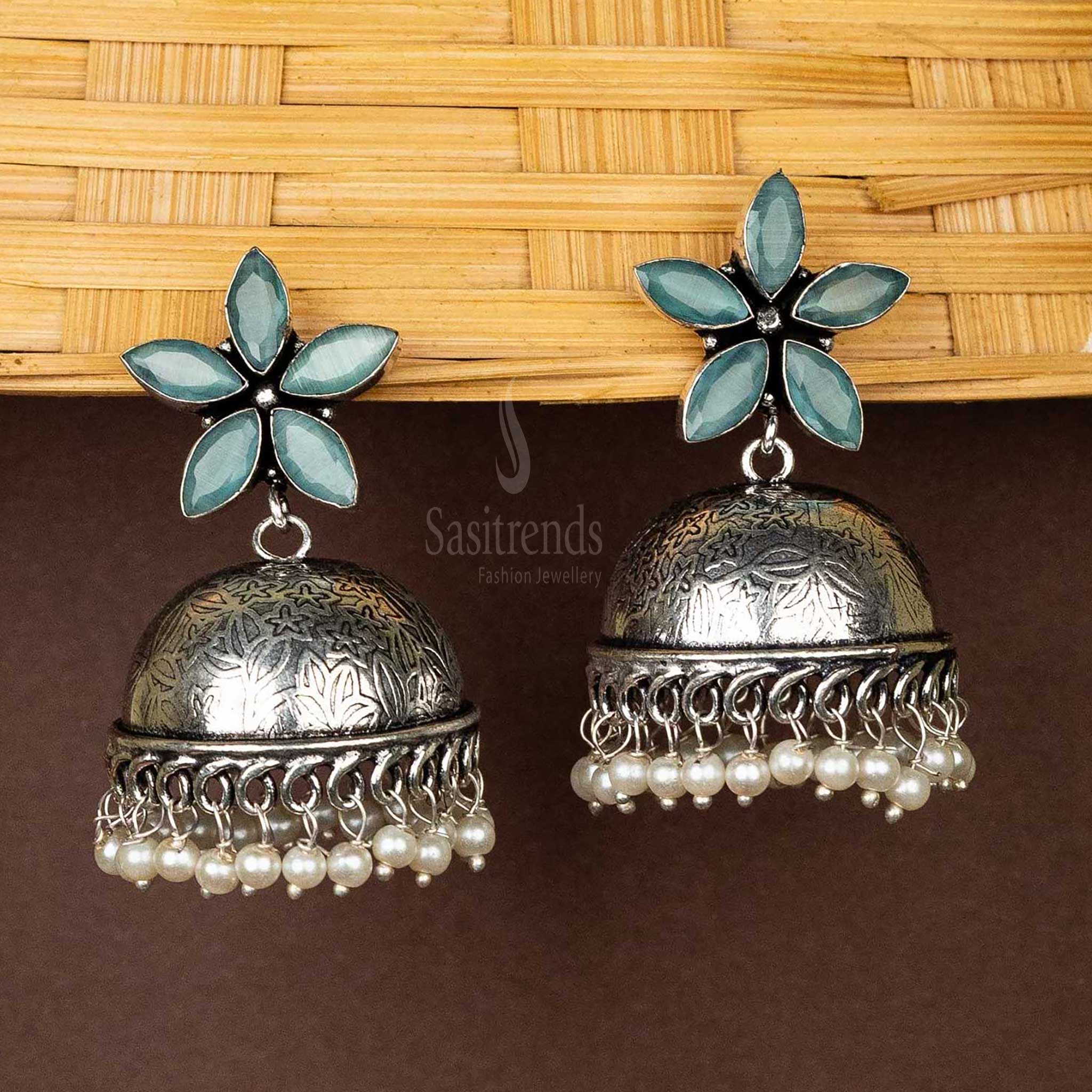 Mint-floral-top-jhumka-earrings-with-pearl-hanging