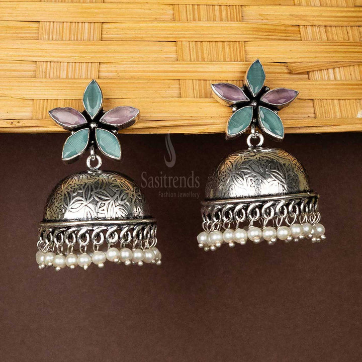 Mint pink -floral-top-jhumka-earrings-with-pearl-hanging