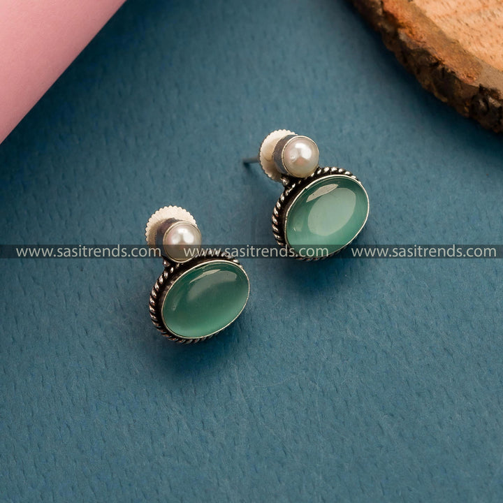 Oval Monalisa Stone Tops Earrings in Oxidized German Silver - Trendy Mint-Colored Stones, Perfect for Traditional Gatherings