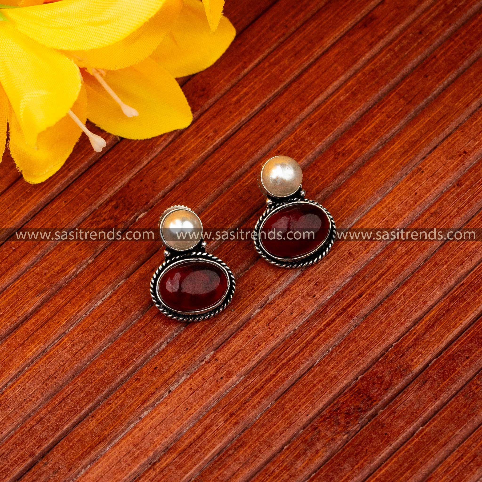 Maroon Monalisa Stone Party Wear Oxidised German Silver Earrings