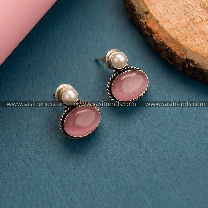 Oxidized German Silver Stud Earrings Adorned with Oval Monalisa Stones in Elegant Pink - Ideal for Women at Traditional Gathering