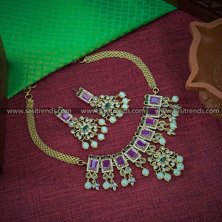 Traditional Trendy Floral Choker Jewellery Set with AD Stones and Pearl Drops - Temple Matte Gold Plated | Sasitrends