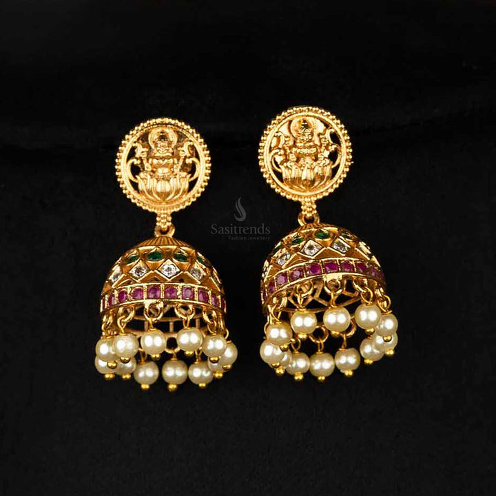 Elegant lakshmi designer matte gold plated multi ad stone stud jhumka earrings