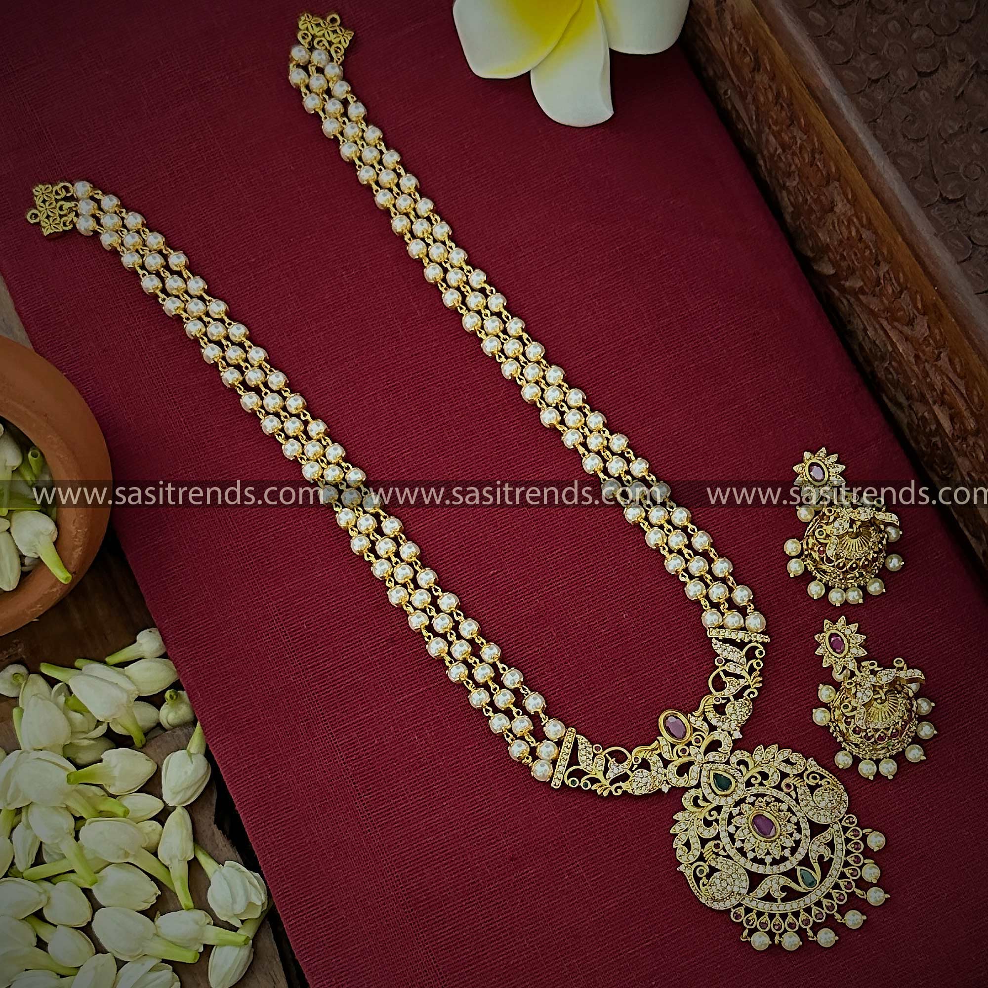 Bridal Temple Gold Plated Long Haram Necklace Set with Peacock Pendant & Jhumkas